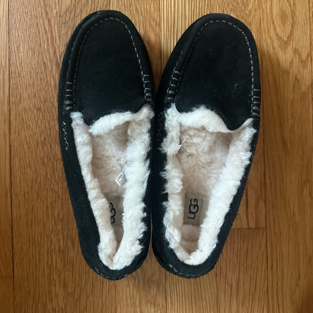 UGG Black Moccasin Slippers with White Lining